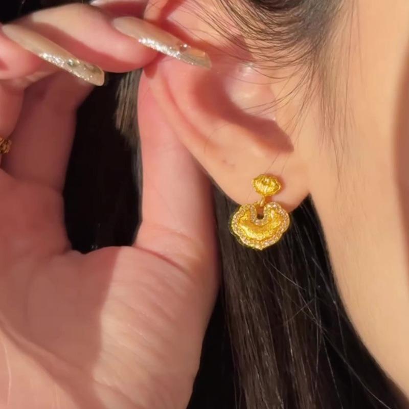 K real gold electroplated silver needle zircon safety lock earrings new Chinese retro earrings light luxury high-end earrings women