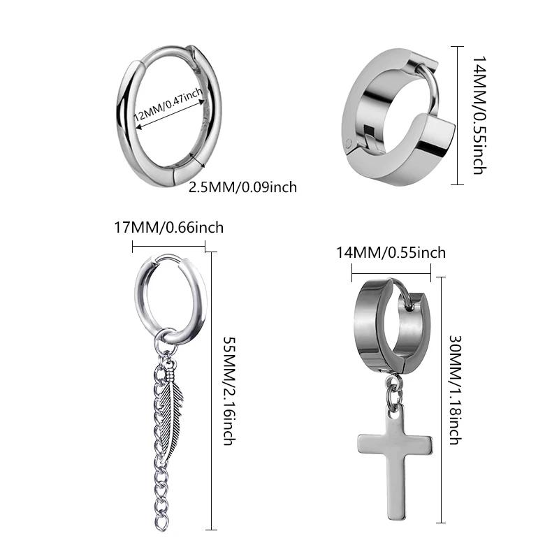 4 Pairs Punk Steel-color Stainless Steel Cross Earrings Studs For Men/Women Street Cross Punk Gothic Fake Earrings Jewelry Gift