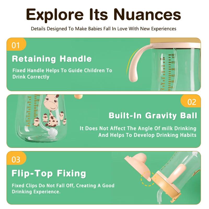 300ml Portable Baby Bottle Newborn Milk Baby Bottle With Handle & Straw Infant Feeding Cup For Babies Over 6 Months Old