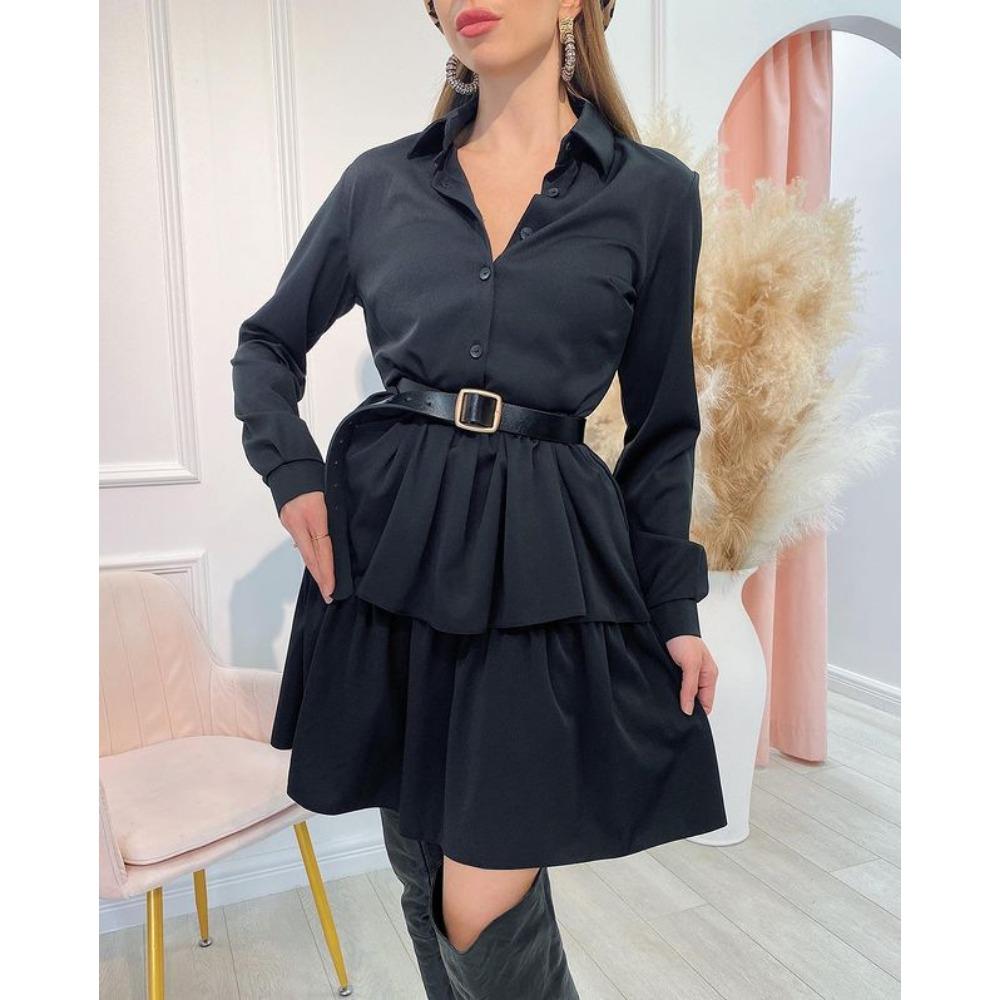 

GMXIA Женская мода весна осень однотонный принт длинный рукав поло воротник высокая талия повседневные платья XL чёрный