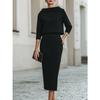 Completo Donna con Scollo ad Drappeggio e Manica a Tre Quarti, Gonna, Vestibilità Aderente, Elegante, Due Pezzi, Outfit Midi