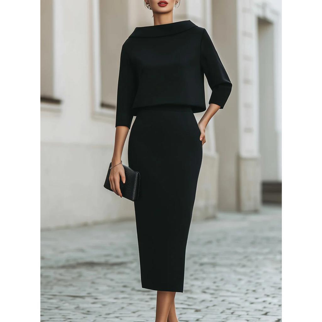 Completo Donna con Scollo ad Drappeggio e Manica a Tre Quarti, Gonna, Vestibilità Aderente, Elegante, Due Pezzi, Outfit Midi