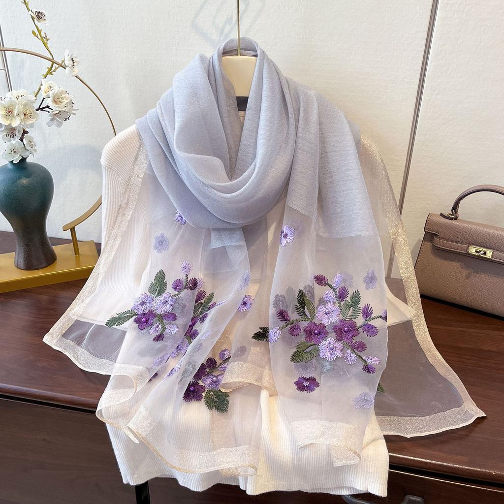 Spring Thin Exterior Shawl Dual-purpose Silk Wool Embroidered Scarf for Women's Gifts with High-end Light Luxury Mulberry Silk Scarf