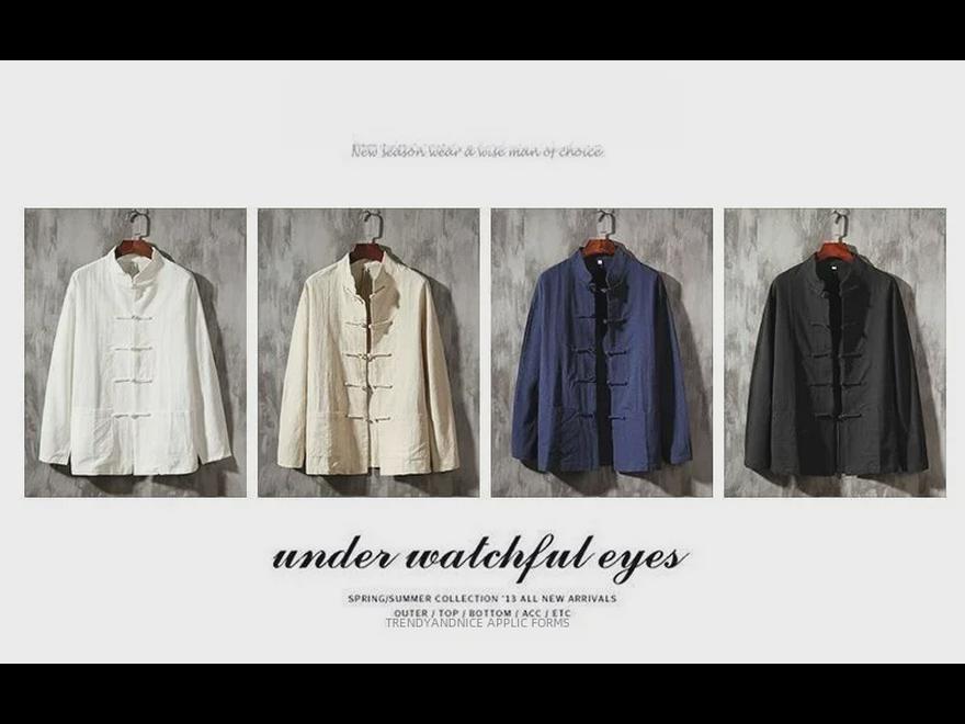 Men's Chinese Style Buttoned Cotton-Linen Stand Collar Shirt, Retro Long-Sleeve Top for Spring and Autumn