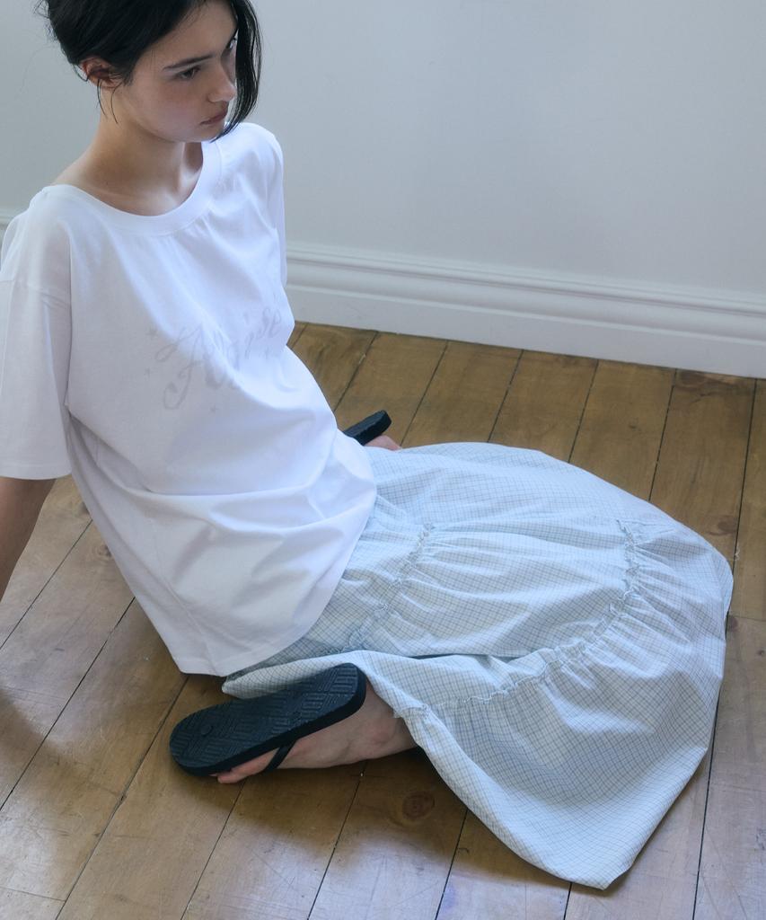 Apeijeu [Two Way] Check Cancan Shirring Long Skirt(Sky Blue)