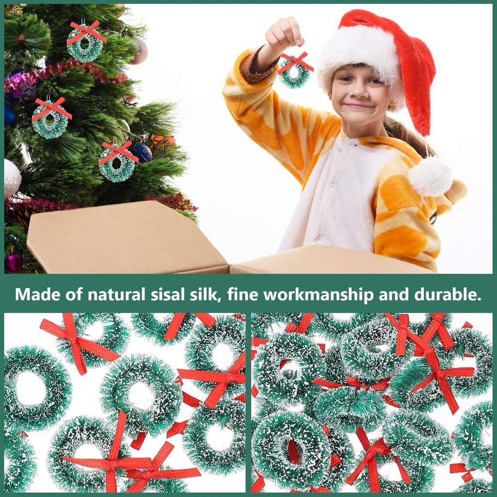 24Pcs Mini Christmas Wreaths 1 Inch Xmas Tree Wreaths Artificial Miniature Frost Sisal Christmas Tree Wreaths for Dollhouse Embellishments for