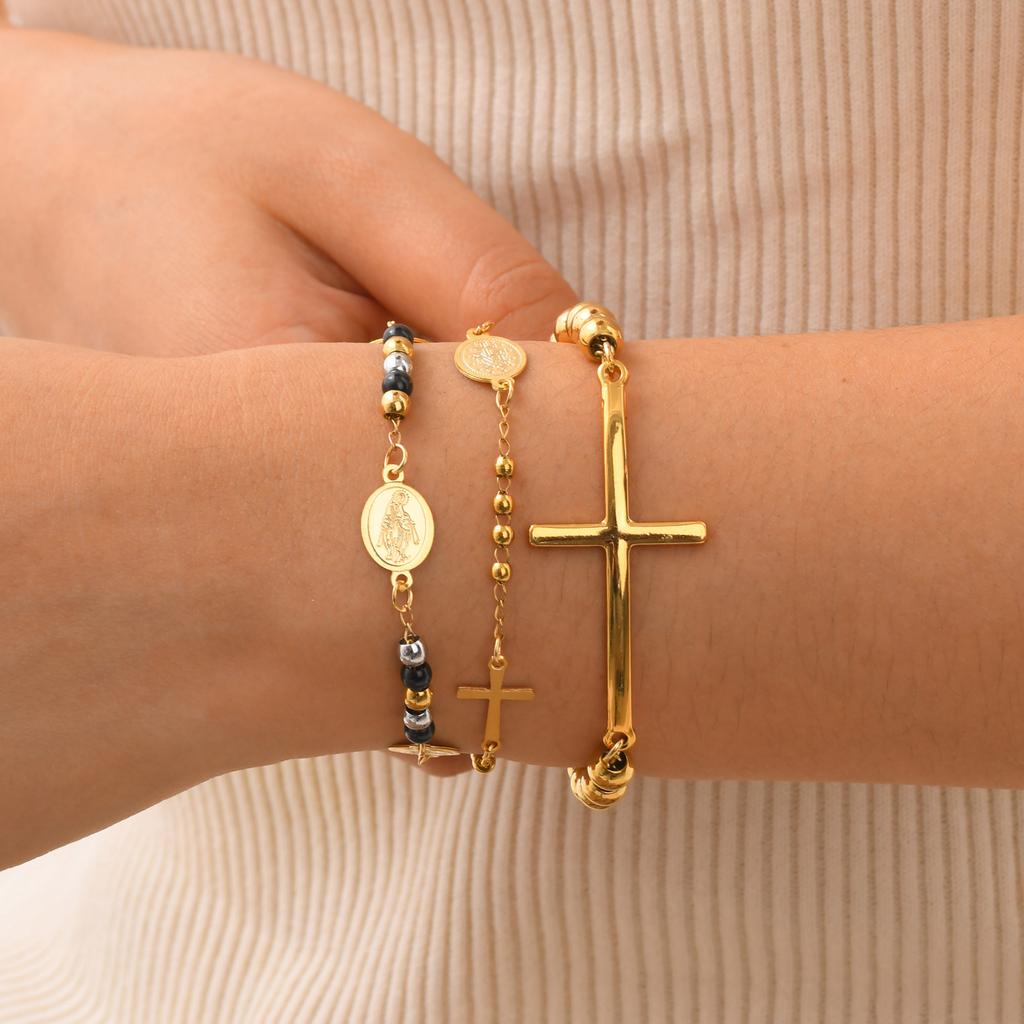 Muslim Stainless Steel Bracelets Cross Beaded Three-color Round Bead Our Lady Bracelet for Women Girls Islam Jewelry Gifts