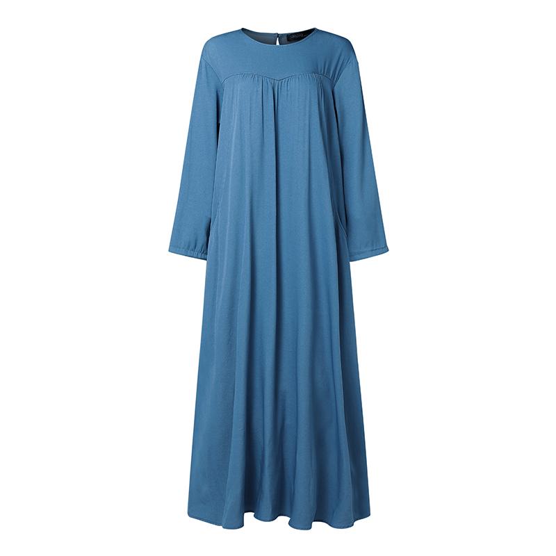 ZANZEA Women Elegant Casual Round Neck Solid Color Long Sleeve Loose Dress