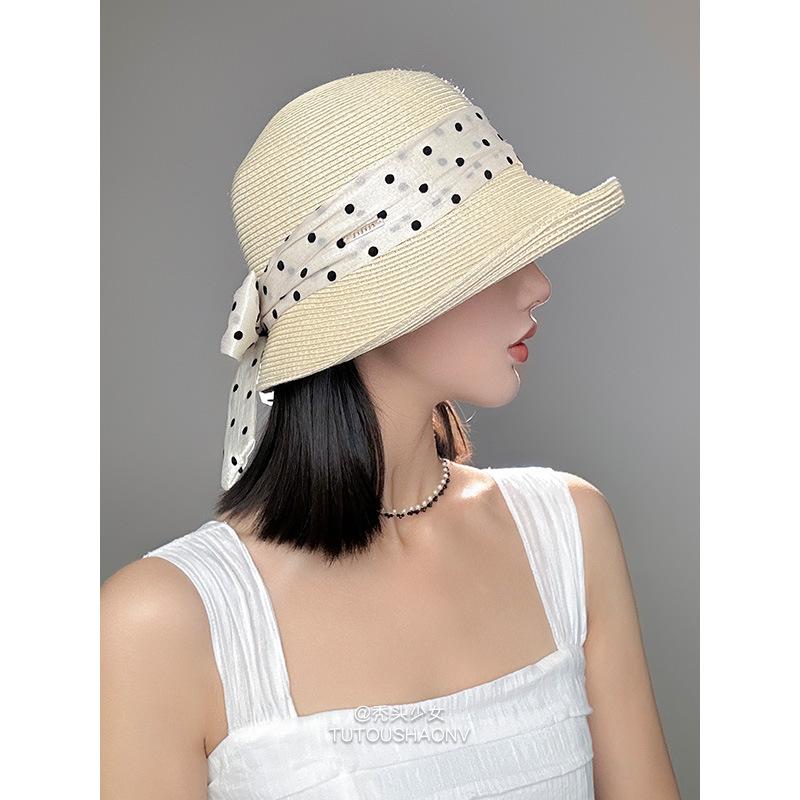 Polka dot foreign style fashionable sunshade straw hat children summer French elegant seaside vacation sunscreen bucket hat