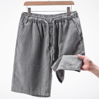 Sommergraue Leichte Shorts für Herren, Baumwolle und Leinen Unifarben, Locker und Atmungsaktiv, Elastischer Bund Kordelzug Fünfviertelhose