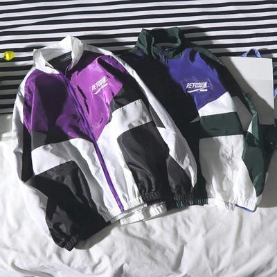 Men Jacket Color Block Hip Hop Zipper Autumn Letters Turndown Collar Coat Windbreaker Streetwear