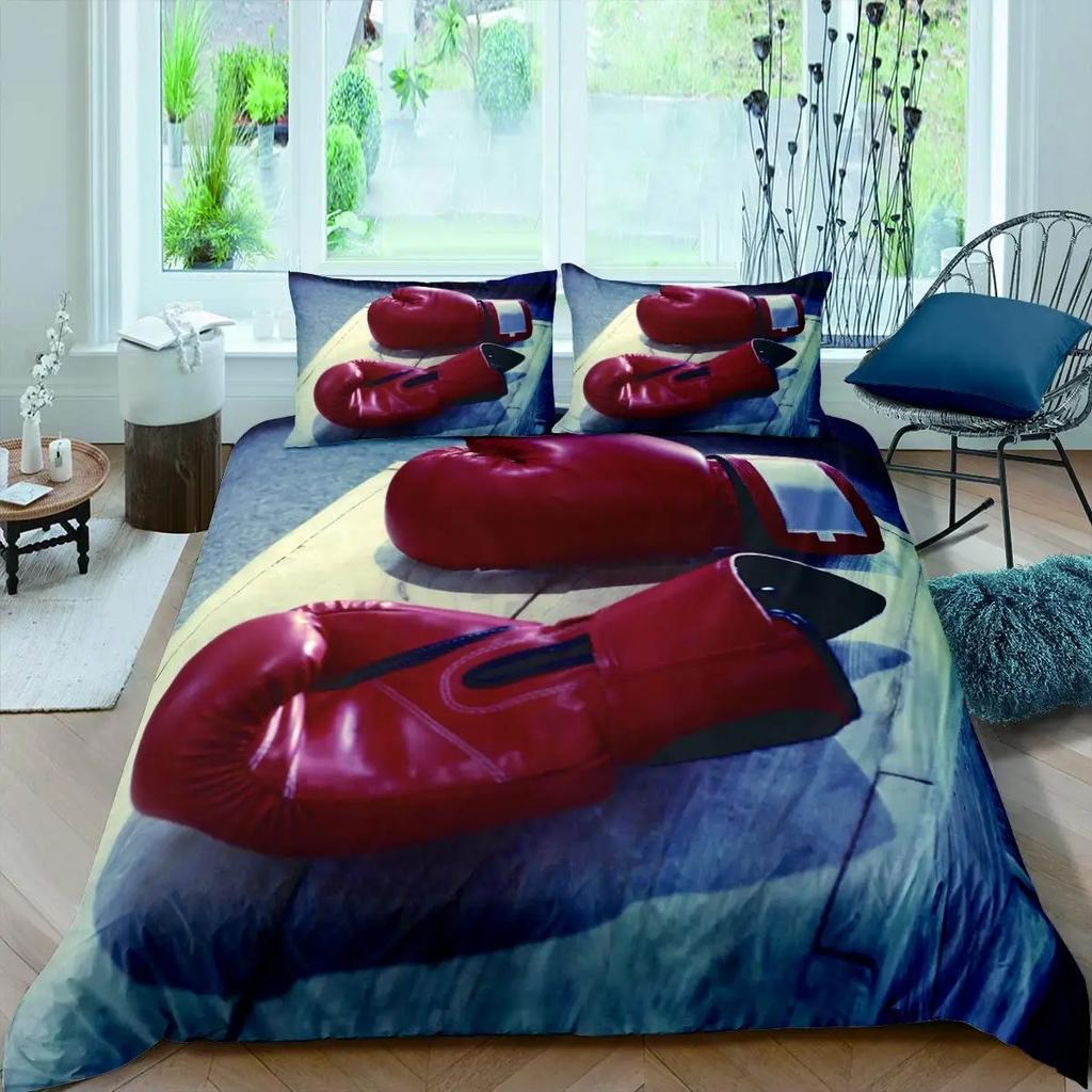 Boxing Bedding Set Red Boxing Gloves Pattern Comforter Cover Sports Theme Duvet Cover Room Pugilism Games Bedding Collection