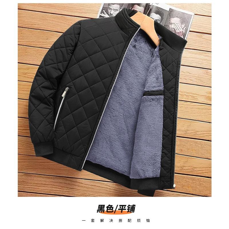 Men Stand Collar Fleece Lined Thick Warm Quilted Plaid Winter Cotton Jacket