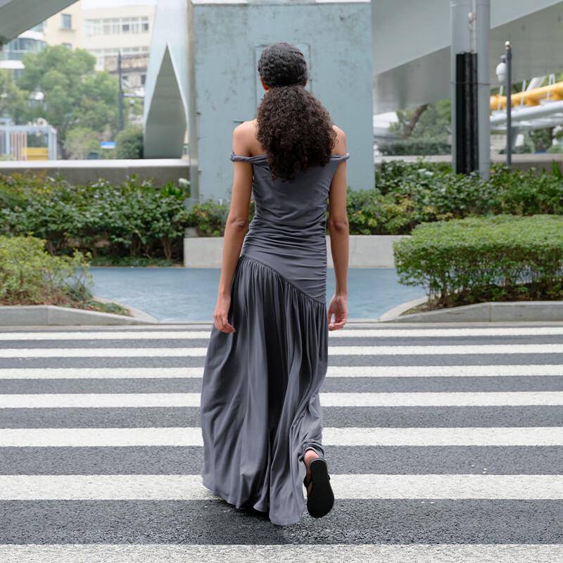 GREEN BELT Modal Off-shoulder A-line Maxi Dress