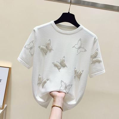 Roupas para mulheres, moda verão, strass, contas, chique, seda gelada, camiseta, elegante, gola redonda, manga curta, blusa solta