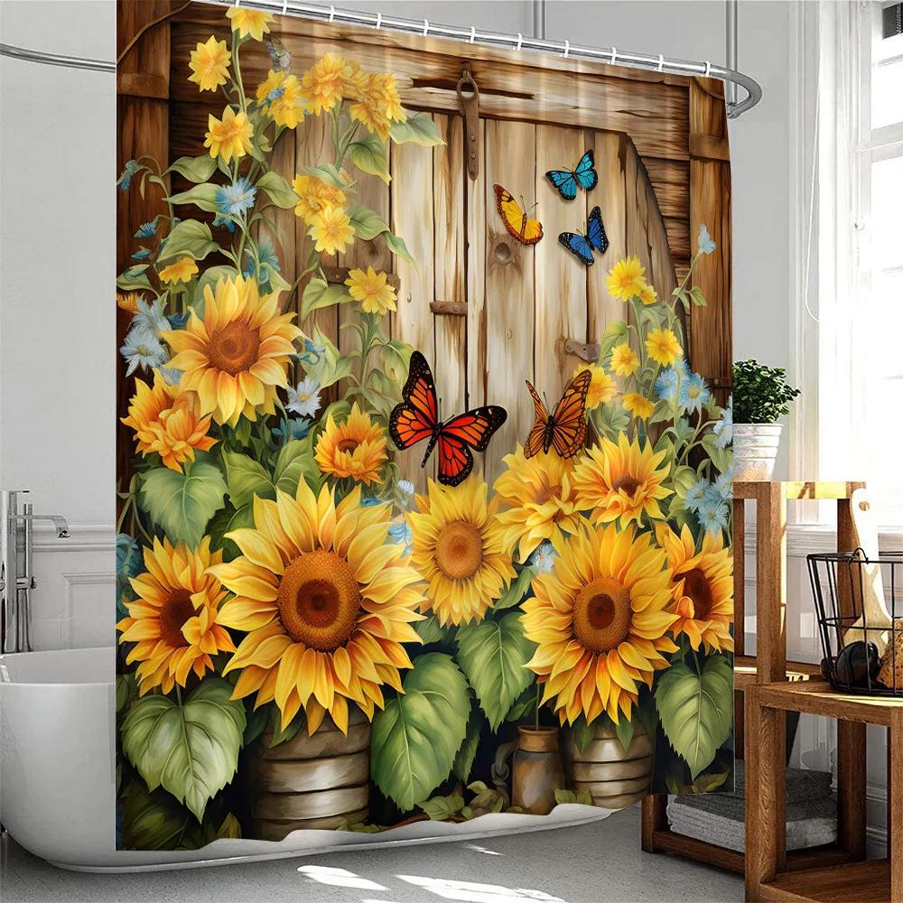 Sunflower Farmhouse Shower Curtain Countryside  Autumn FLowers Birds Butterfly Floral Bathroom Decor Polyester Bathtub Curtain