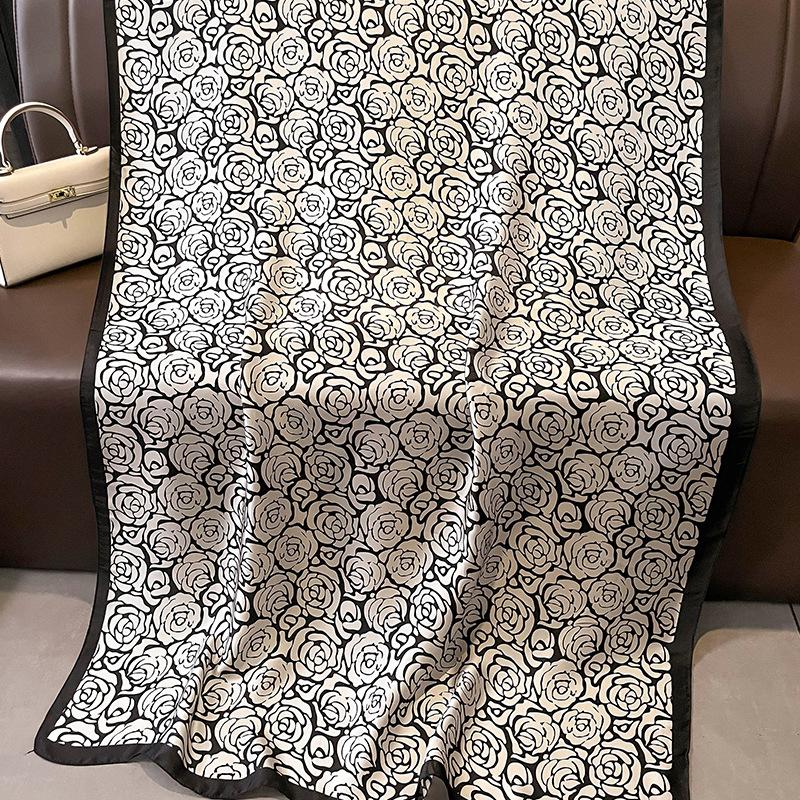 1 Pcs 90x180cm Black and White Camellia Small Fragrance Silk Scarf Women's All-match Scarf Shawl Large Gauze Towel Hijab