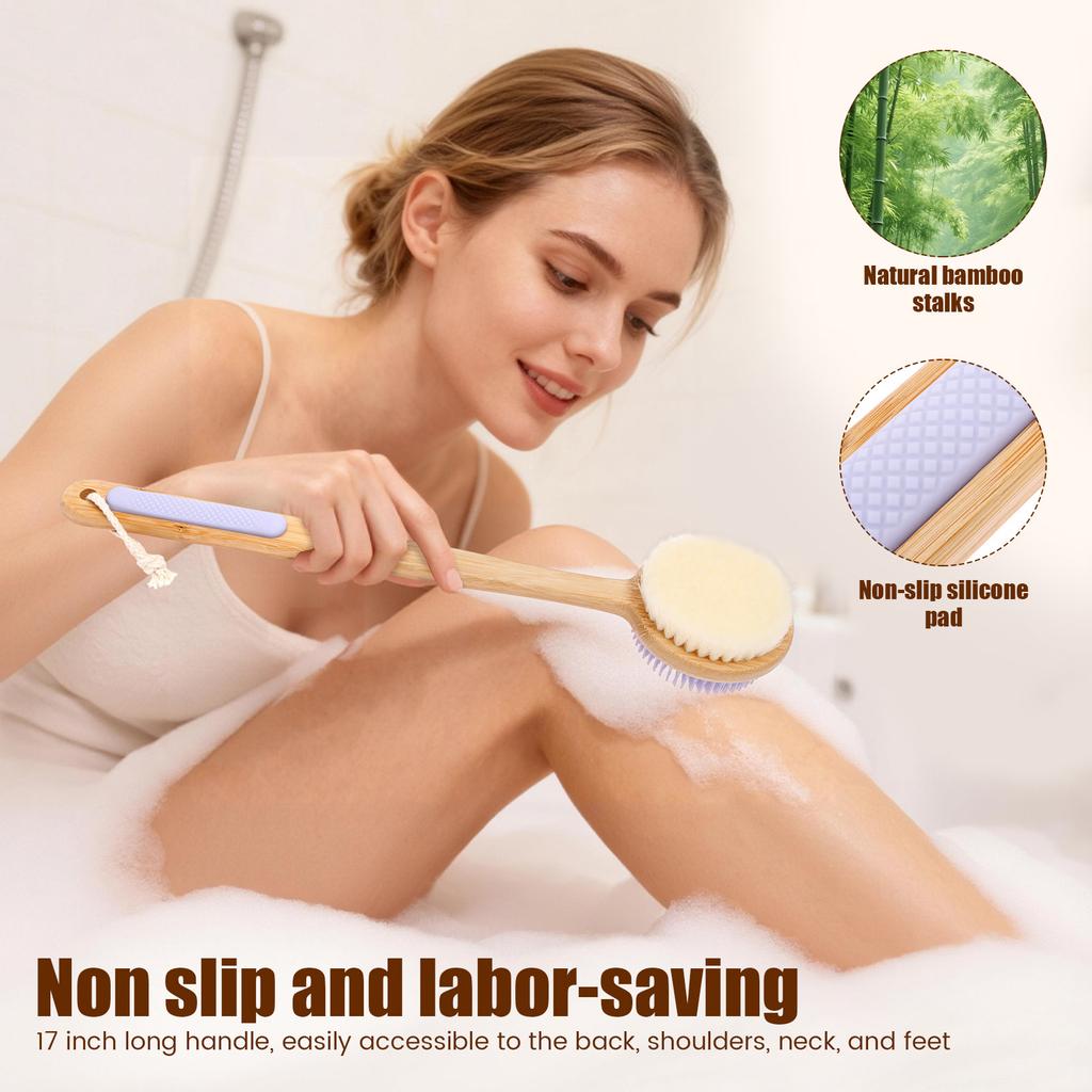 Double Sided Shower Body Brush Silicone and Dense Bristle Massage Back Scrubber Deep Cleaning Exfoliation Bamboo Long Handle