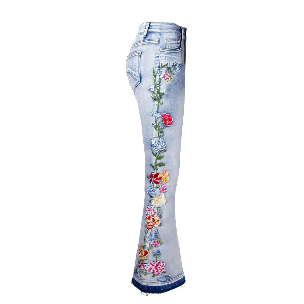 Size S-4XL Elastic Flower Embroidered Flare Jeans
