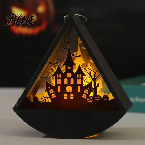 Decorative Lights for Home Halloween Triangle LED Lantern Tumbler Shape Night Light with Witch Ghost Glass Silhouette Shadow Box Pumpkin Battery