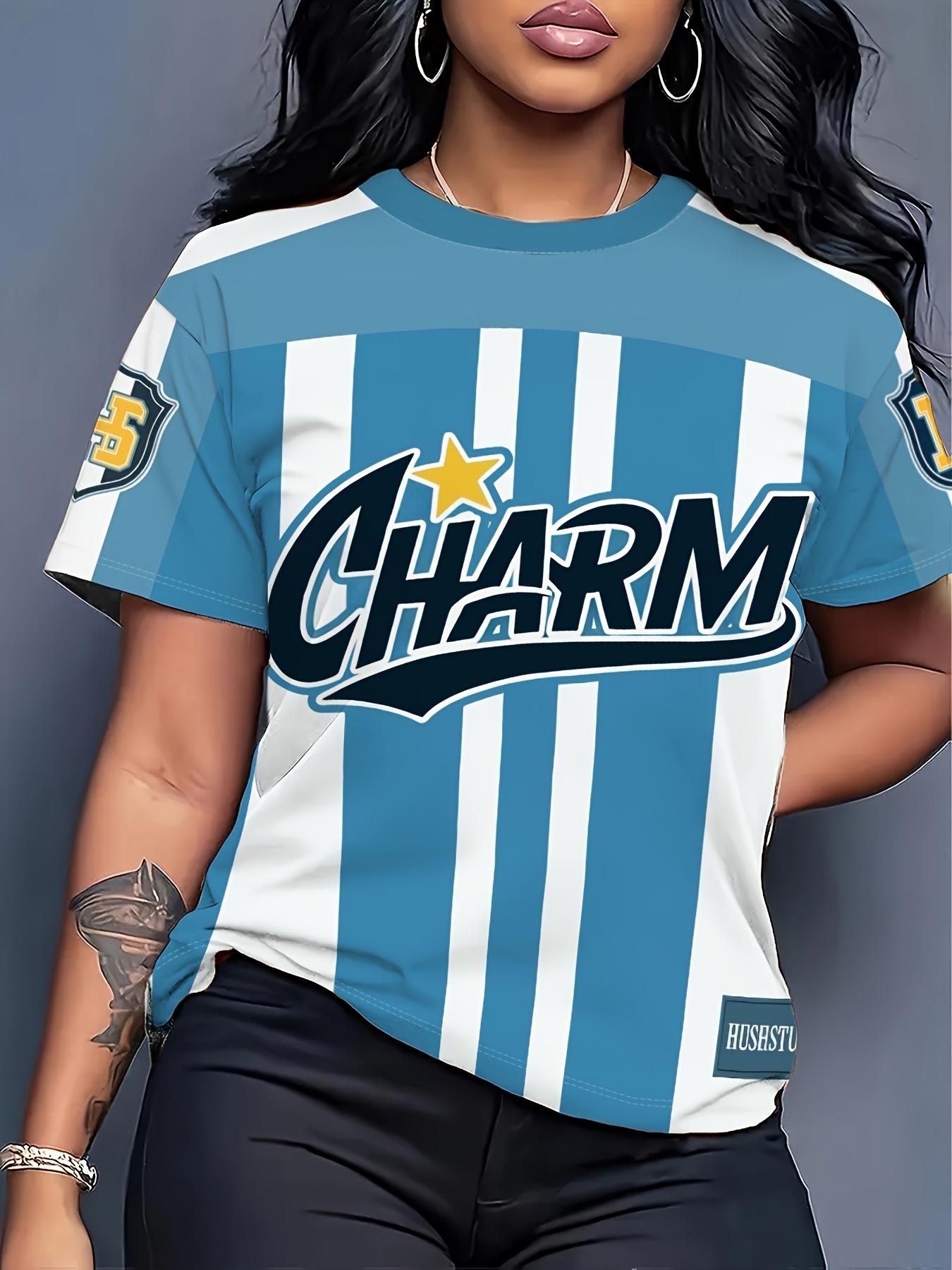 

Blue and White Contrasting Stripes ;CHARM; Letter American Retro S Style Short-sleeve T-shirt with Star-decorated Letter Print and Sleeve Badge Logo. 3XL дубильна кора