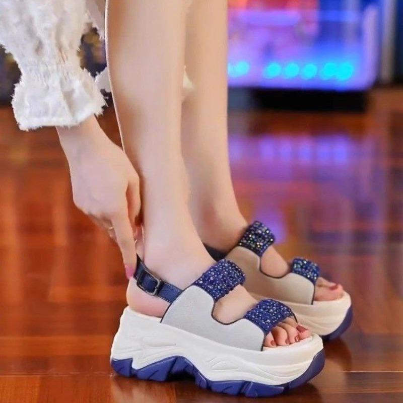 Women's Platform Sandals Summer New Style Round Head Sequin Soft Waterproof Platform Soles Non-slip Heels
