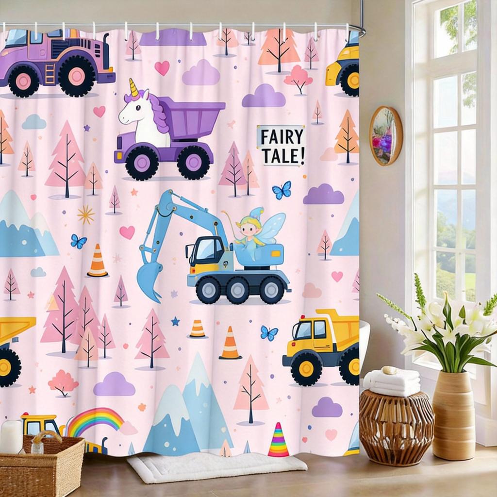 Construction Truck Shower Curtain Yellow Excavator, Dump Truck & Bulldozer On White, Kids' Bathroom Decor For Boys And Toddlers