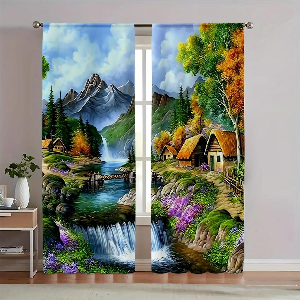 Contemporary Art Landscape Printed Curtains, Pole Bag Bedroom and Living Room, Home Decoration, Room Decoration