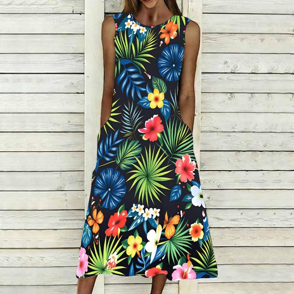 Plus Size Women Sleeveless Crew Neck Dress Fresh Mini Bouquet Flowy Mid Calf Dress