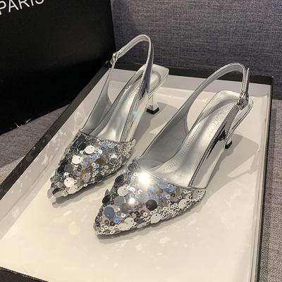 Fashion Women's Fashion Baotou Sandals Fall New Pointy Shallow Mouth Sequin Slingback Temperament High Heels