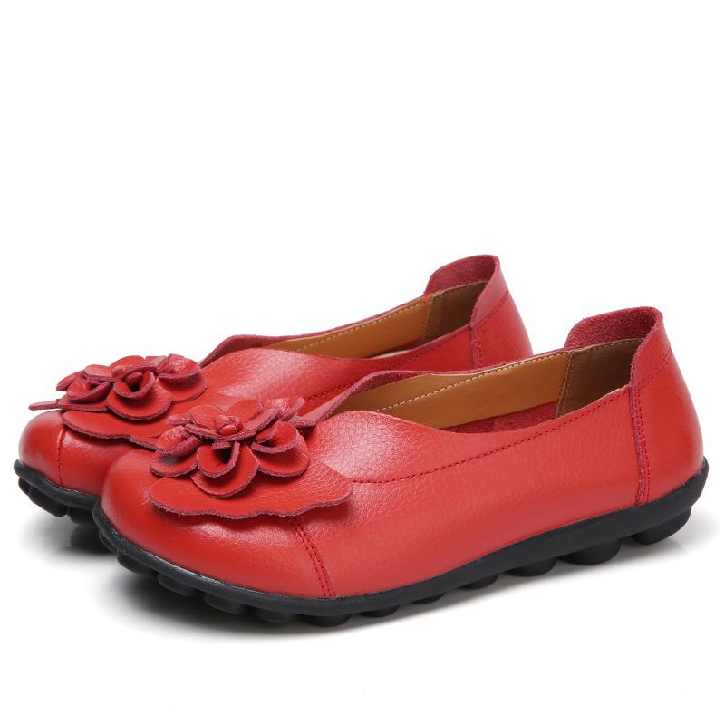 Spring Summer Cowhide Flower Mother Shoes Comfortable Bean Women's Shoes Flat Shoe Women's Singles Shoes