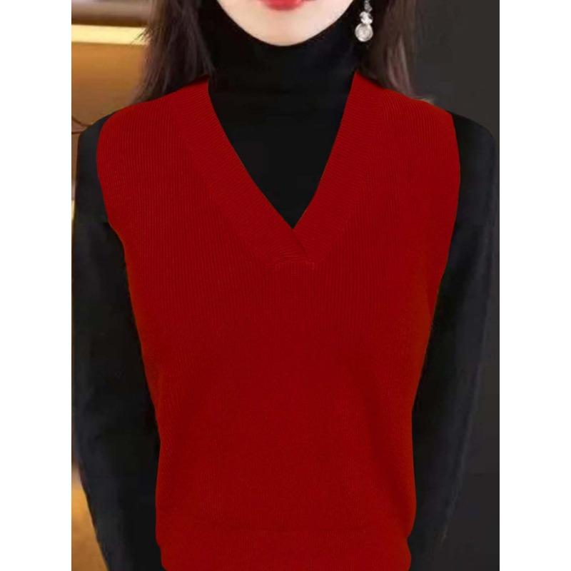 

Тонкий большой V-образный вырез без рукавов внутренний свитер свободный трикотажный жилет свитер XL красный