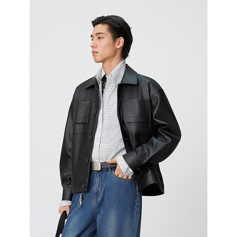GXG Men's Retro PU Leather Embossed Pocket Jacket