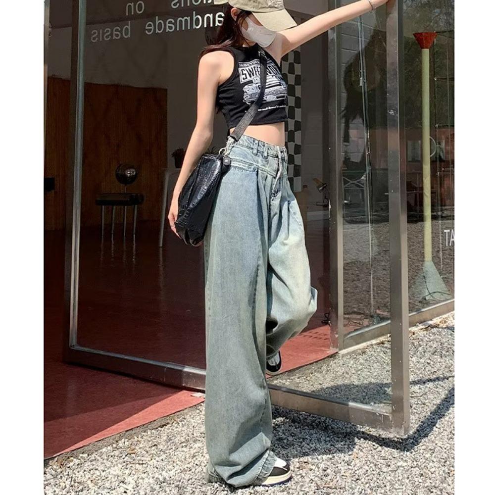 

Lazy style high-waisted jeans women s spring and autumn new design sense loose and versatile floor-mopping wide-leg jeans 2XL