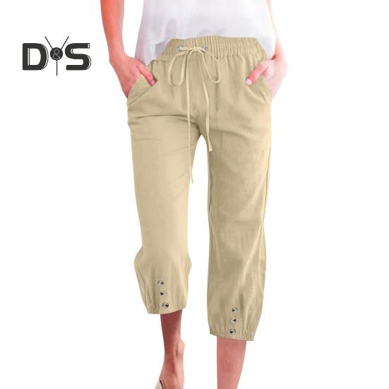 

Женские укороченные брюки с эластичной талией, регулируемые повседневные брюки с карманами, спортивные свободные брюки длиной до середины голени S хаки