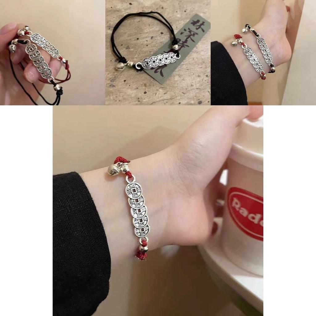 Chic Red Rope Bracelet With Five Emperor Coins Alloy Unisex Gift Winter 2023