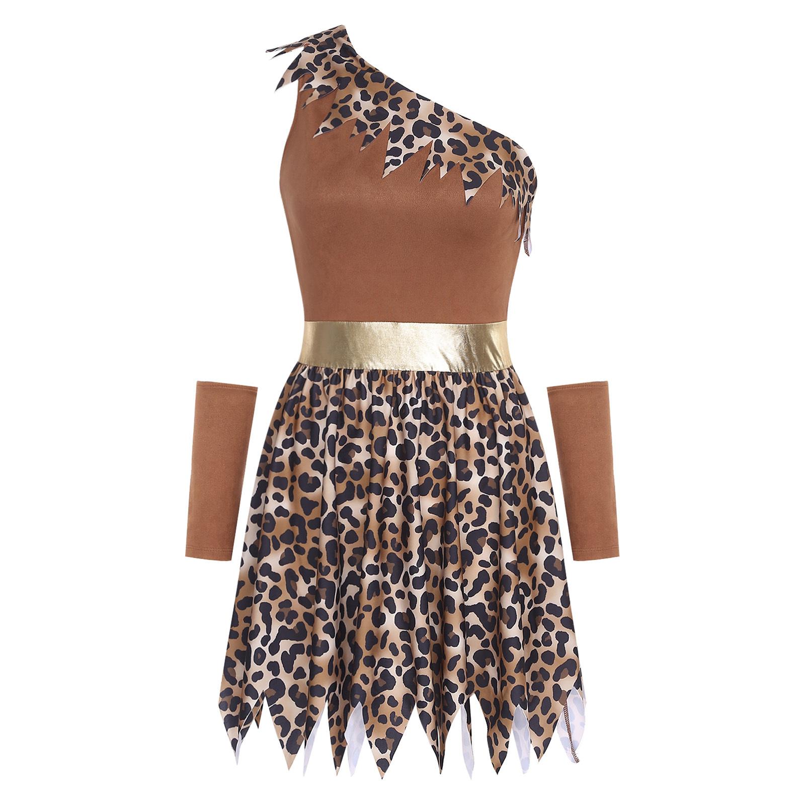 

Women Prehistoric Cave Girl Costume Patchwork Print One Shoulder Jagged Hem Dress Over Sleeve Pair S темно-коричневого кольору