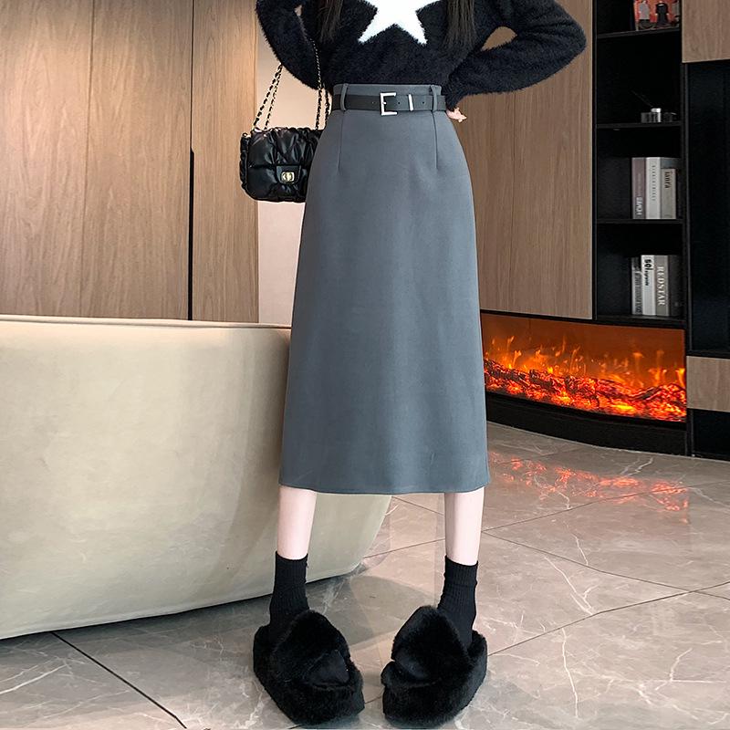 

Plus Size Woolen A-line High-waisted Slit Long Skirt with Elastic Waist & Belt S