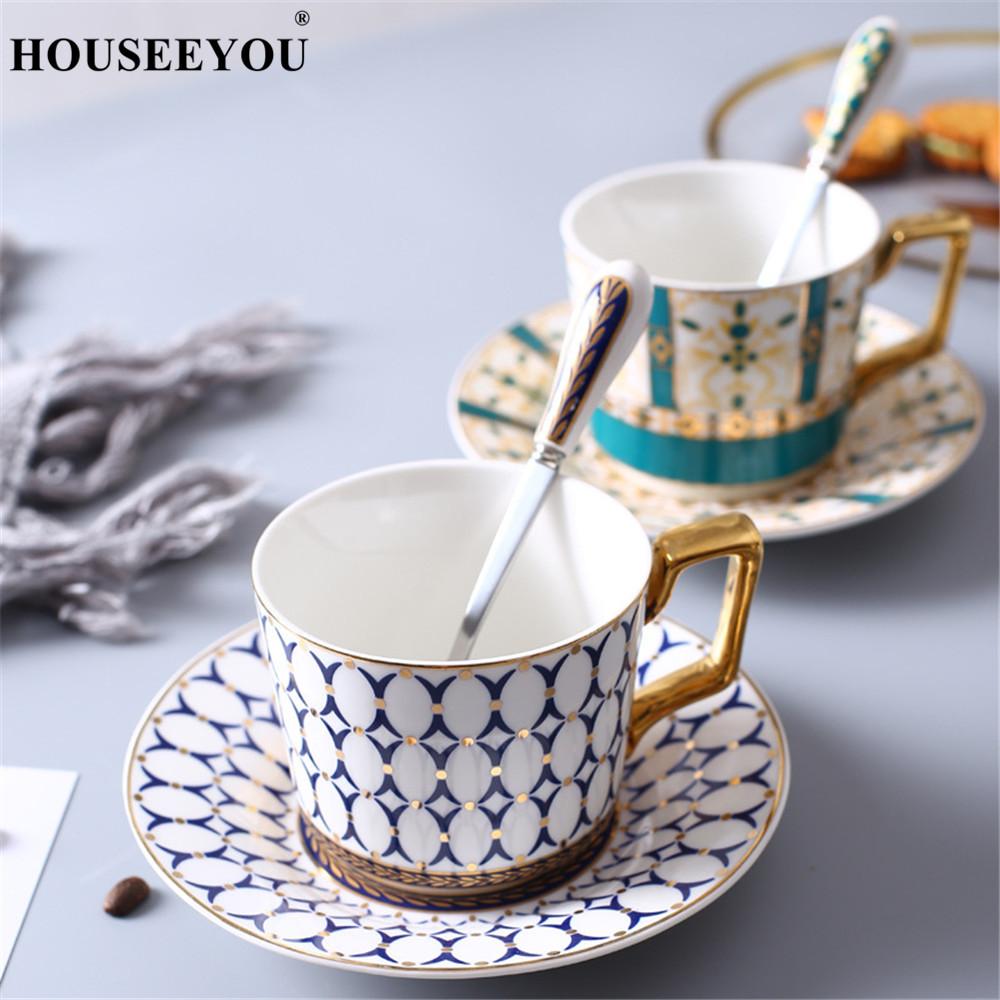 

High Grade Gilt Geometric Pattern Coffee Cup Saucer Set Lover s Gift Morning Mug Milk Coffee Tea Breakfast Porcelain Bone Cup