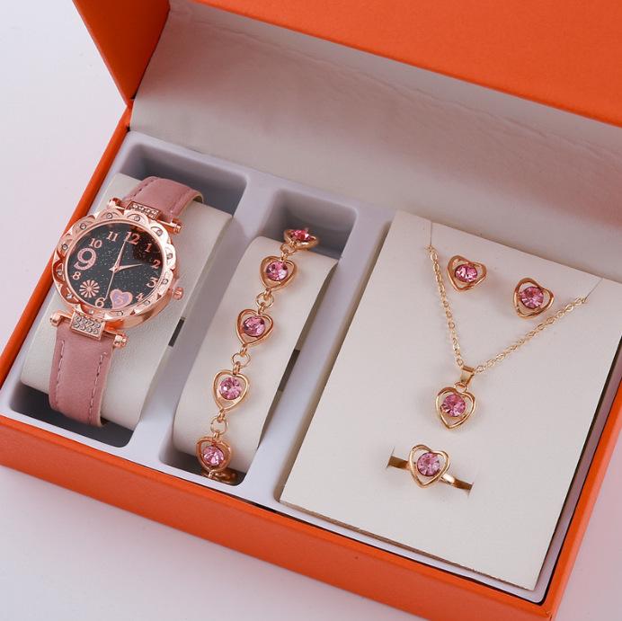 European And American New Crystal Love Jewelry Fashion Temperament Peach Heart Necklace Earrings Ring Bracelet Four-Piece Set