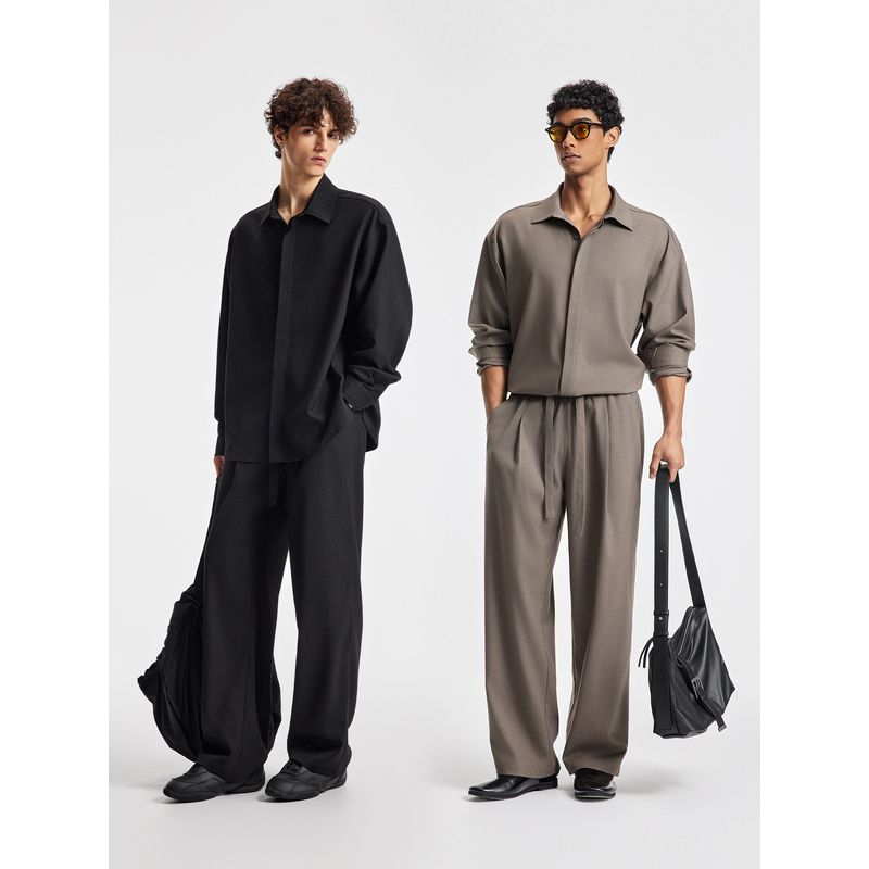 Bodydream Dark Placket Long-Sleeved Black Shirt for Men with Side Slits, Vintage Shirt Jacket/Loose Casual Suit