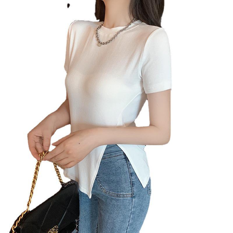 2025 Slim Black Side-Slit Short-Sleeved Chic T-Shirt for Women