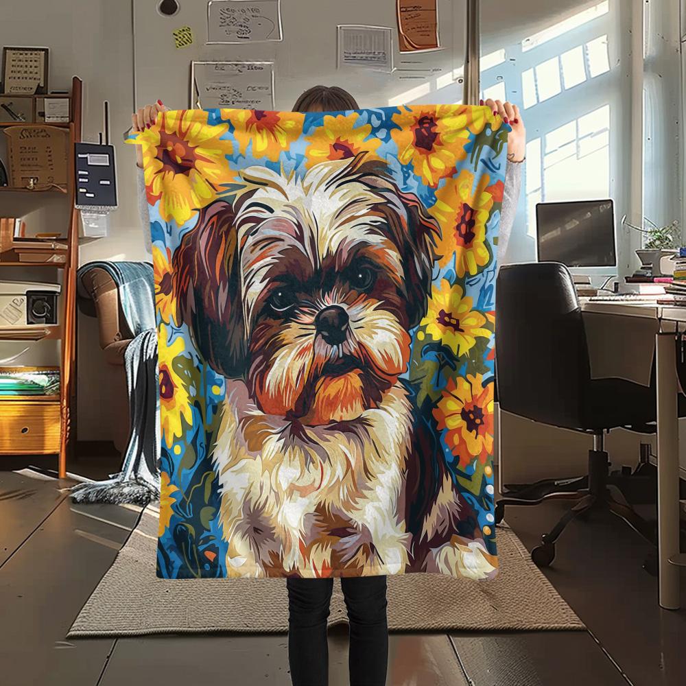 Sunflower Cat and Dog Print Flannel Blanket, High Quality Comfortable for All Seasons, Home Decor, Warmth and Comfort