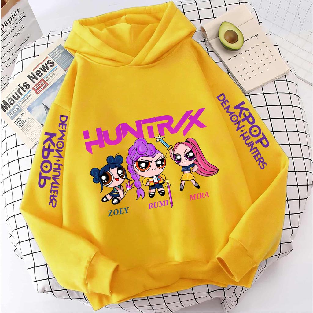 Cute Girls Hooded Sweatshirt Warm Rumi KPop Demon Hunter Cartoon Children's Wave Fashion Casual Tops Casual Black Pink Clothing