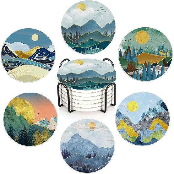 Drink Coasters Set of 6 with Holder, Cute Cats Absorbent Ceramic Coasters with Cork Base,Fit All Cups,Great Gift for Housewarming,Room