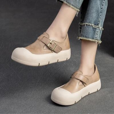 Okrągłe noski Minimalistyczne oryginalne skórzane buty damskie na co dzień Retro Wszechstronne buty na płaskiej podeszwie z grubą podeszwą