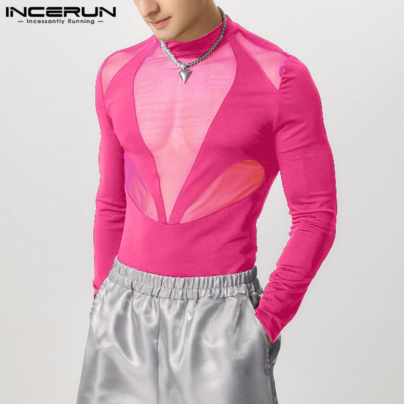 INCERUN Men Long Sleeve Mesh Sheer Patchwork Bodysuits See Through Club Playsuits