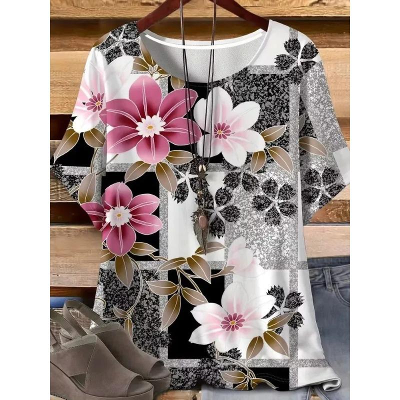 Crew Neck Pleated Neckline Short-sleeved T-shirt Watercolor Large Flower Full Print Light Beach Vacation Loose Meat Cover Top Women