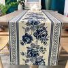 Blue Rose Printed Linen Table Runners Dresser Scarf Table Decor Washable Farmhouse Holiday Wedding Party Kitchen Dining Decor