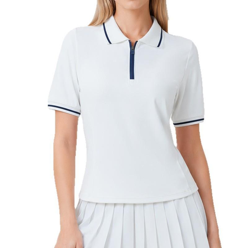 Womens Athletic Short Sleeve Polo Shirt With Zipper Collar Breathable Nylon Spandex Yoga Golf Tennis Top